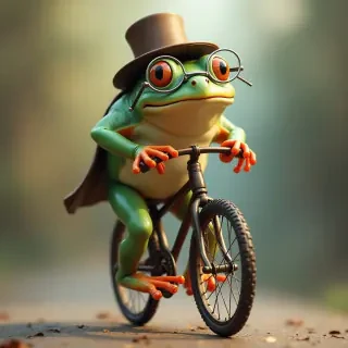 Frog with monocle and hat riding an old fashioned big wheel bicycle